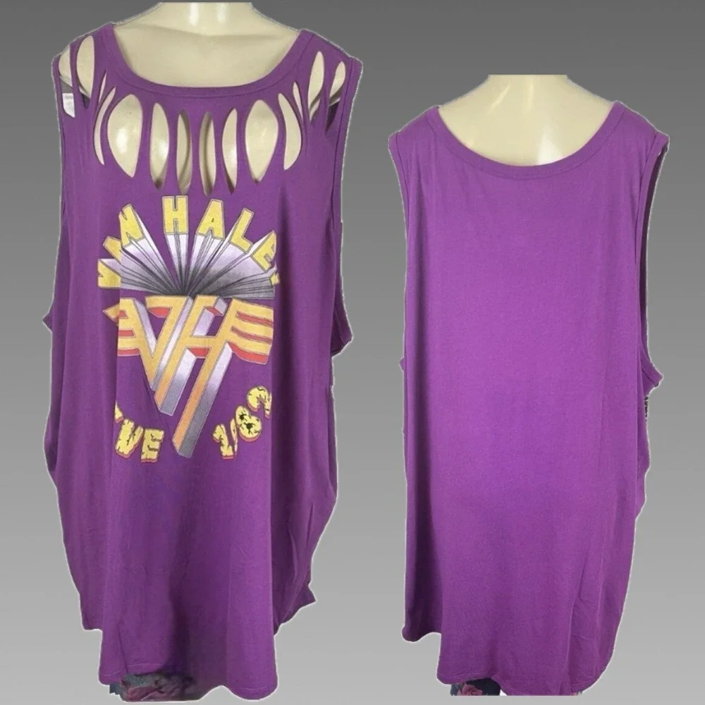 Van Halen 6X Purple Iconic 1982 Live Graphic Laser Cut Slashed Detail Tank Top